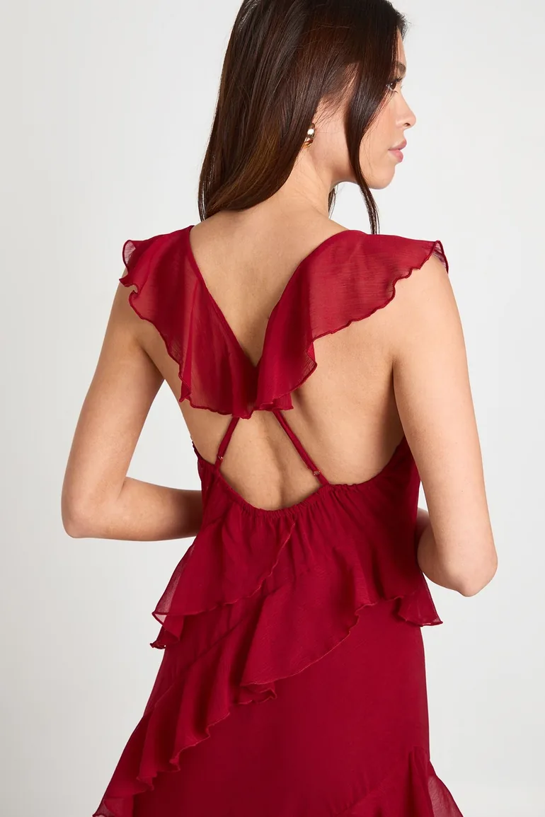 Chiffon Ruffle Strappy Maxi Dress - merlot - 3