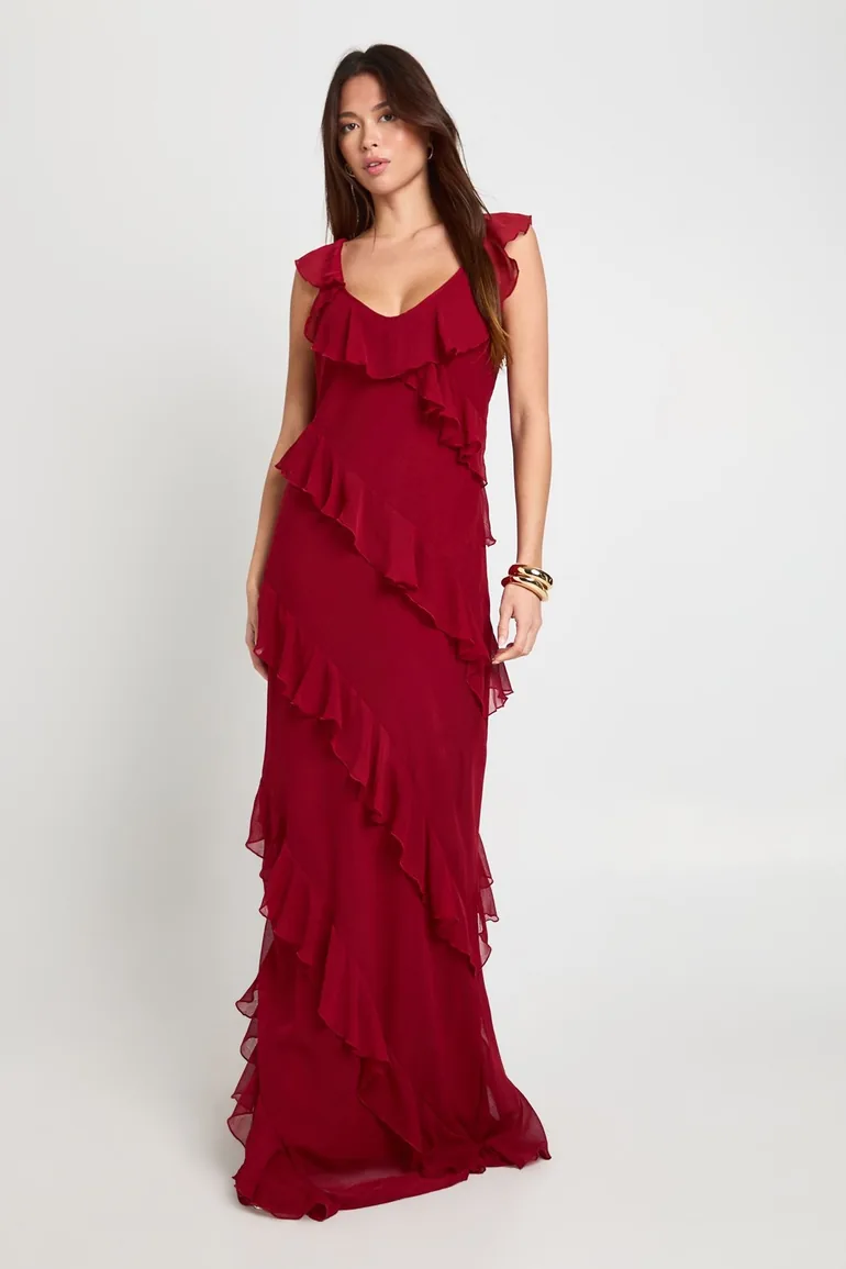 Chiffon Ruffle Strappy Maxi Dress - merlot