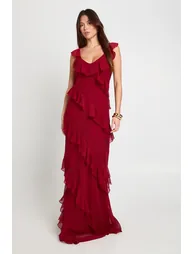 Chiffon Ruffle Strappy Maxi Dress - merlot