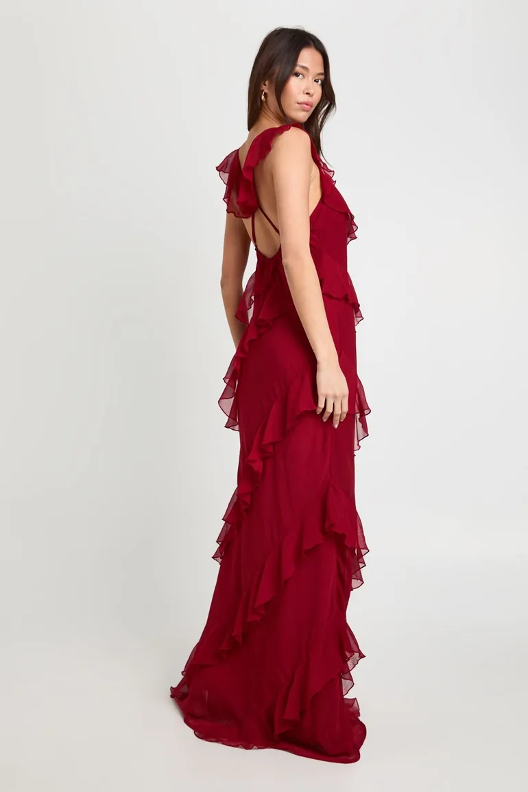 Chiffon Ruffle Strappy Maxi Dress - merlot - 1