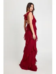 Chiffon Ruffle Strappy Maxi Dress - merlot - 1