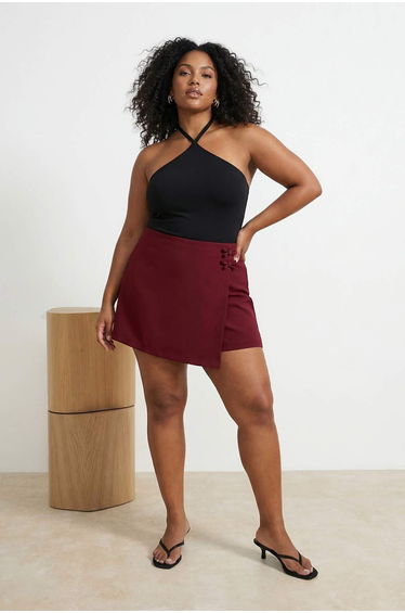 Burgundy Bowknot Plus Size Woven Shorts Skirt