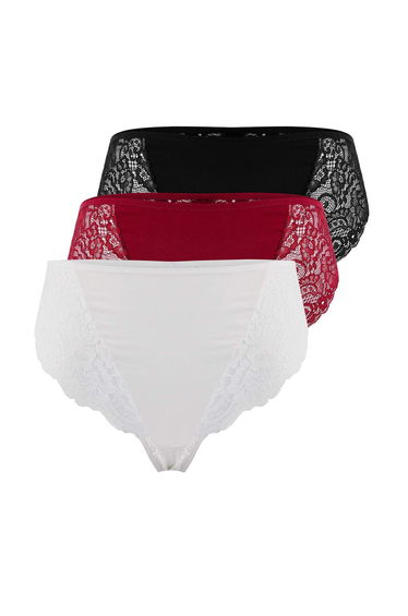 Black-Burgundy-White 3-Pack Cotton Lace Brazilian Knitted Panties