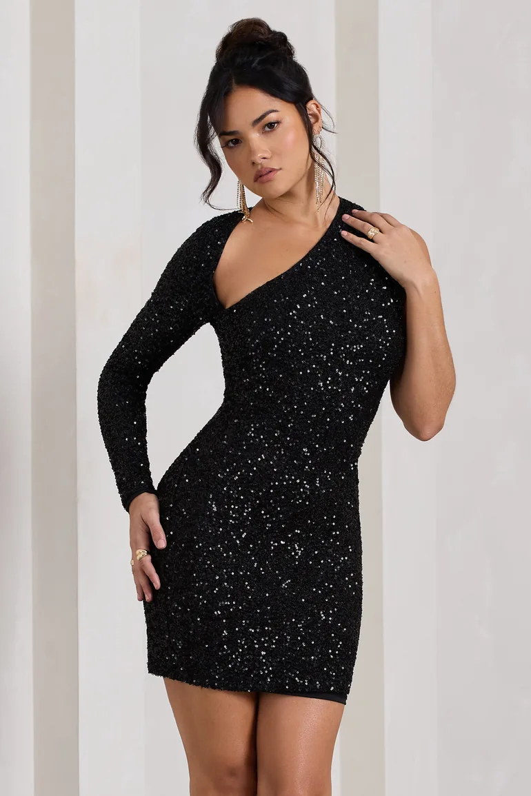 black sequin bodycon mini dress Shine Right Sequin Plaid Bodycon Mini Dress - Black main image 1