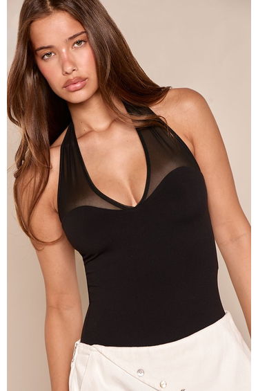 Black Mesh Panel Detail Bodysuit