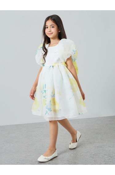 Girls Yellow Floral Print Puff Sleeve Dress