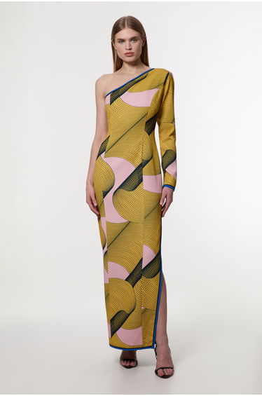 Amelia Graham Petite Printed Cady One Shoulder Maxi Dress