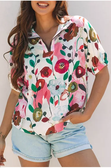 Lvness Pink Floral Print Slit V Neck Short Sleeve Blouse
