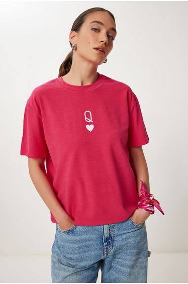 Women's Dark Pink Printed Oversize Knitted T-Shirt
