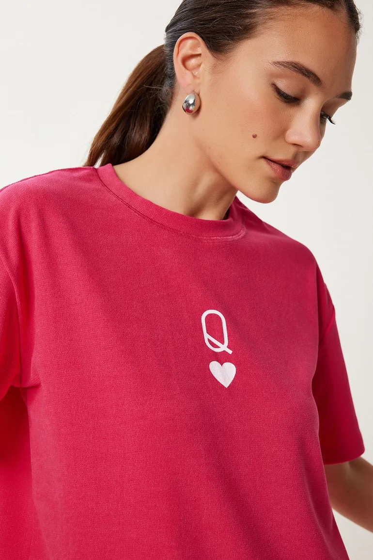 Women's Dark Pink Printed Oversize Knitted T-Shirt - 2