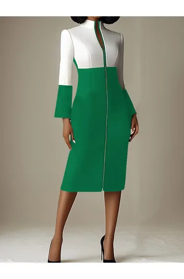 Long Sleeves Contrast Color Split-Joint Zipper Stand Collar Midi Dresses