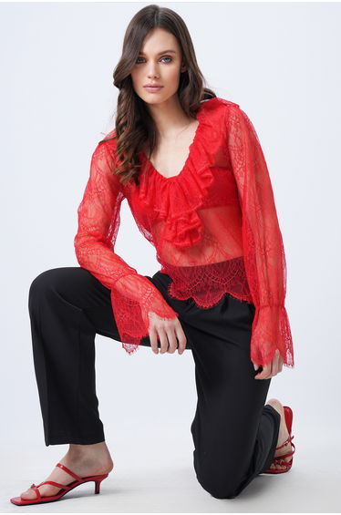 Women's Red V-Neck Ruffle Detailed Tulle Blouse