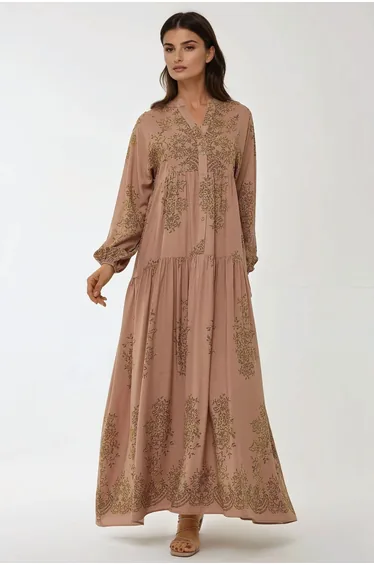 فستان ماكسي بياقة قميص بطبعة