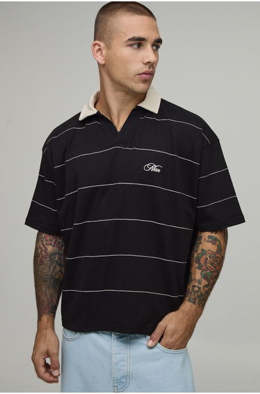 Oversized Boxy Man Script Chain Stitch Rugby Polo - black