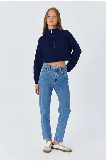 Mixray Textured Long Sleeve Zipped Collar Sweater