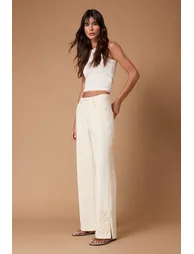 Ecru Draped 100% Cotton High Waist Wide Leg Jeans - 1