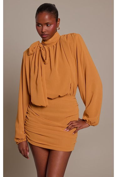 Mustard Chiffon Shoulder Pad Long Sleeve Ruched Mini Dress