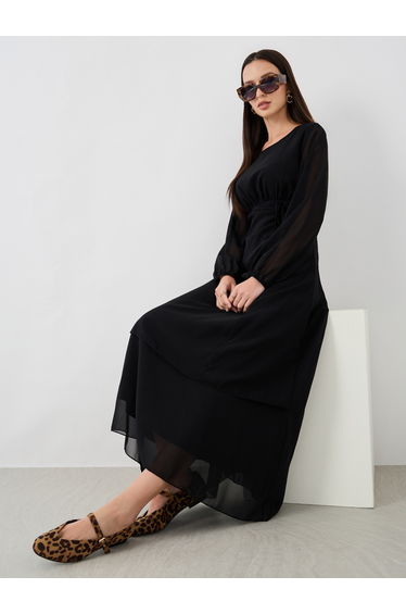 Solid Gathered Detail Round Neck Dress