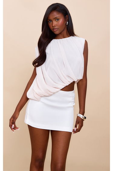 Beige Chiffon Bubble Hem Sleeveless Long Top