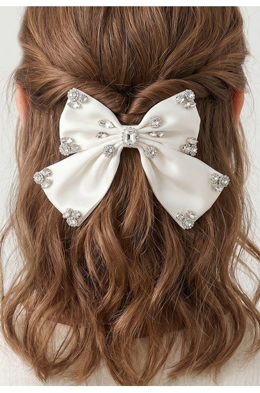Ornate Rhinestone Long-Tail Bow Hair Barrette for Date Nights & Parties