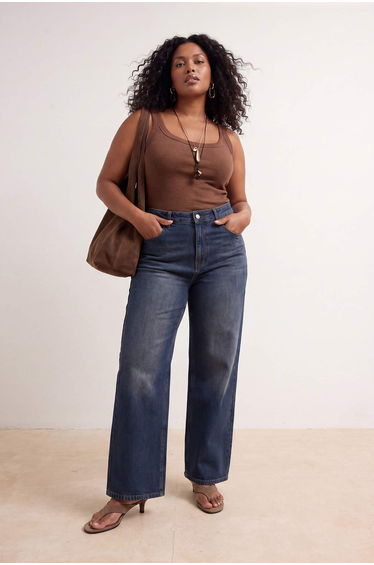 Dark Blue Elastic High Waist Comfort/Medium Stretch New Wi̇de Leg Plus Size Jeans