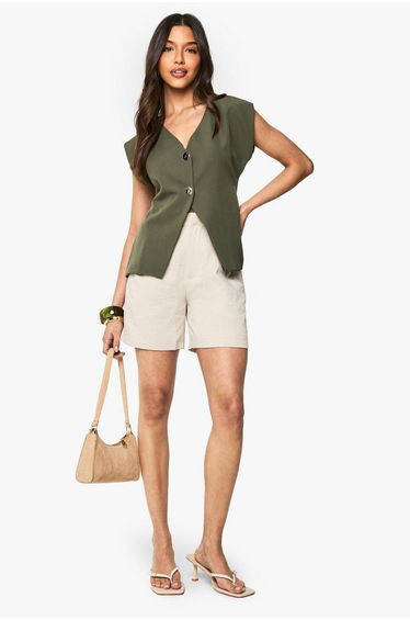 Crepe Gold Button Detail V Neck Waistcoat - khaki