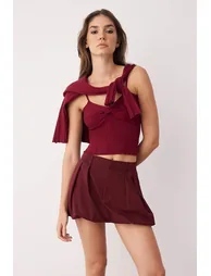 Claret Red Corduroy Premium/Special Yarn Soft Textured Knitwear Cardigan-Blouse Set