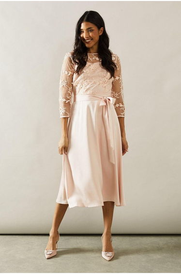 Satin And Mesh Overlay Fit And Flare Dress
