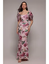 Off Shoulder Floral Bow Back Maxi Dress - Blush Pink by Goddiva