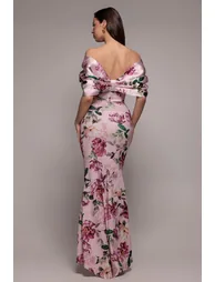 Off Shoulder Floral Bow Back Maxi Dress - Blush Pink by Goddiva - 1