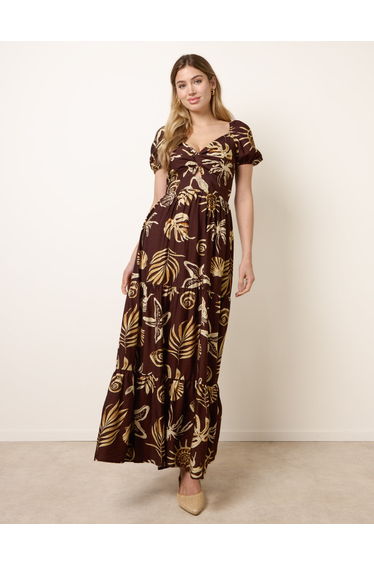 Shell Knot Front Puff Sleeve Midi Dress