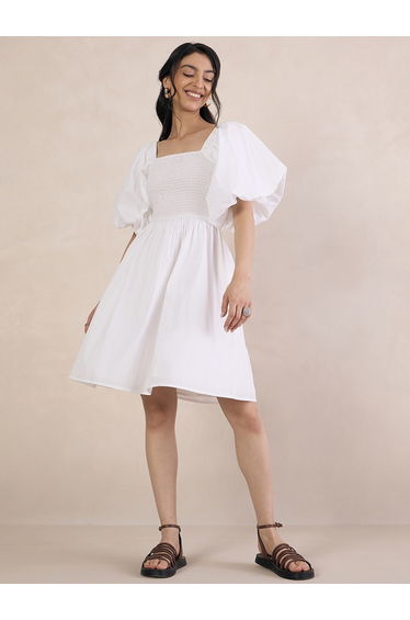 Puff Sleeve Square Neck Mini Dress with Smocked Detail