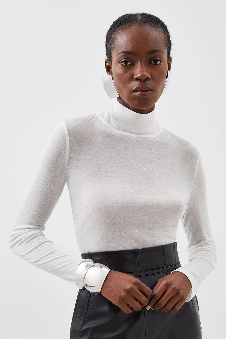 Premium Jersey Wool Blend High Neck Sleeve Top