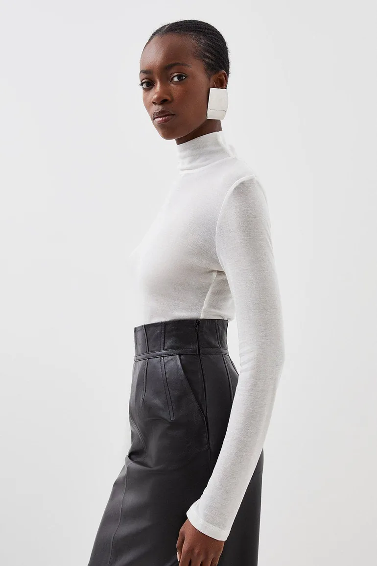 Premium Jersey Wool Blend High Neck Sleeve Top - 2