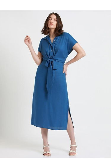 Belted Shirt Midi Dress with Tie Waist