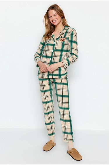 Green Fleece Checkered Shirt-Pants Knitted Pajamas Set