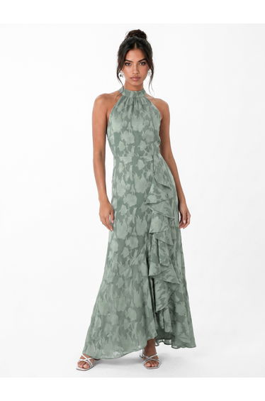 Anaya With Love Recycled Willow Green Halter Neck Ruffle Maxi Dress