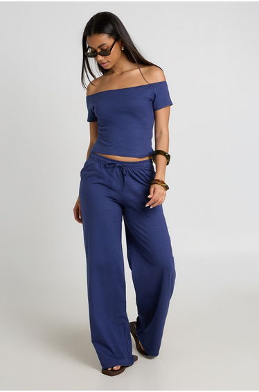 Slub Drawstring Straight Leg Trouser - navy