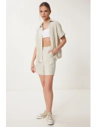 Women's Cream Striped Linen Shorts Shirt Suit