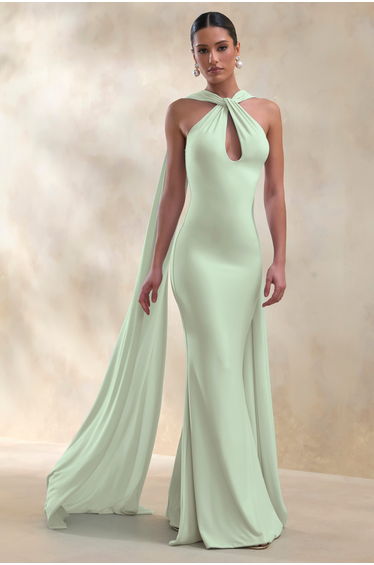 Rhoda | Mint Twist Halter-Neck Cape Maxi Dress