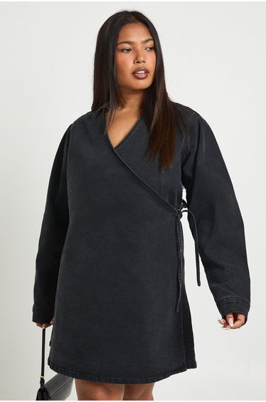 Plus Denim Wrap Dress - washed black
