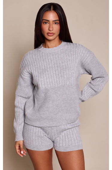 Petite Grey Marl Rib Knit Crew Neck Sweatshirt