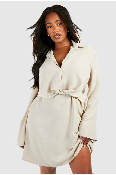 Plus Hammered Twist Front Shift Dress - stone