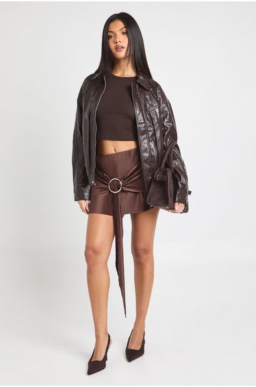 Plisse Mid Rise Draped Mini Skirt With Ring Trim - chocolate