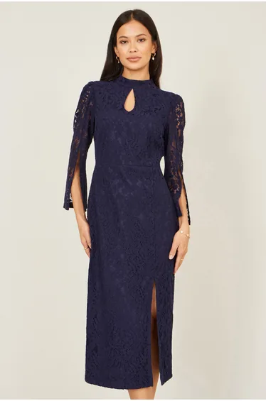 Yumi Navy Lace Fitted Midi Dress With Flute Sleeves