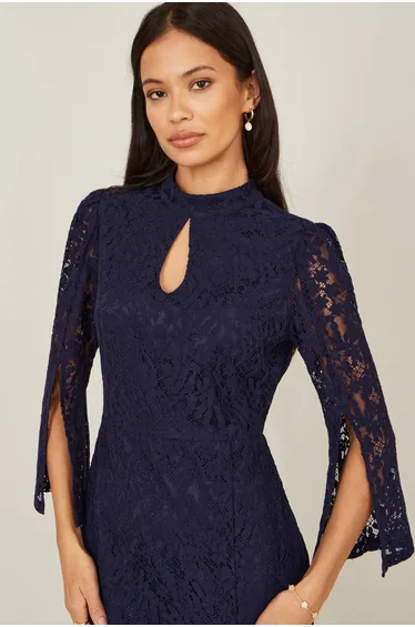 Yumi Navy Lace Fitted Midi Dress With Flute Sleeves