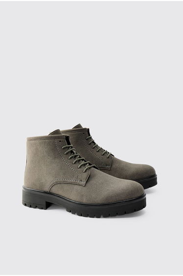 Faux Suede Chunky Sole Lace Up Boot - grey