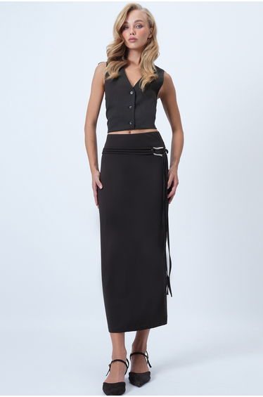 Women's Bitter Brown Belt Detailed Midi Length Sandy Skirt