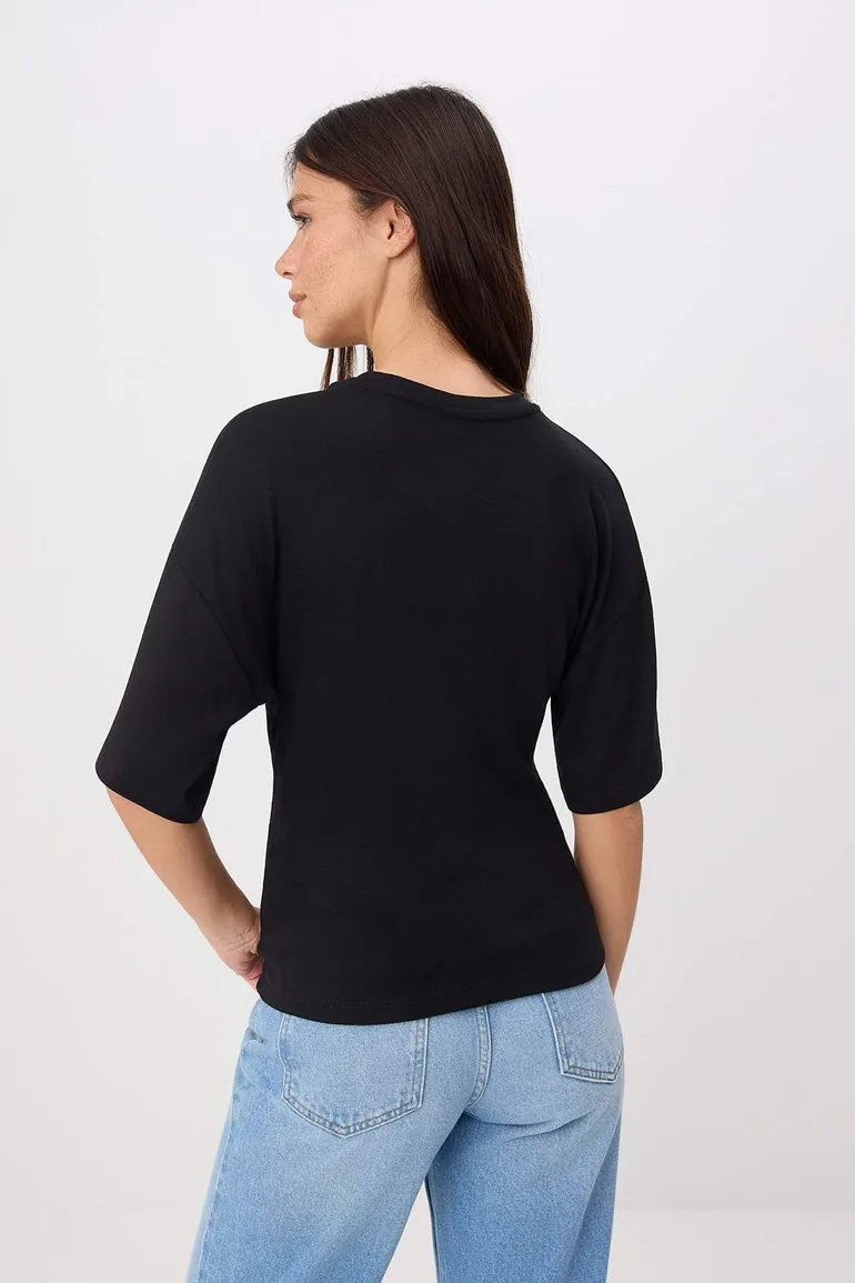 Black Fitted Low-Sleeve Three-Quarter Soft Knitted T-Shirt - 3