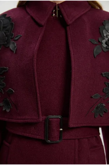 Brushed Wool Pu Mix Placed Floral Embroidery Applique Tailored Cape Full Skirted Midi Coat